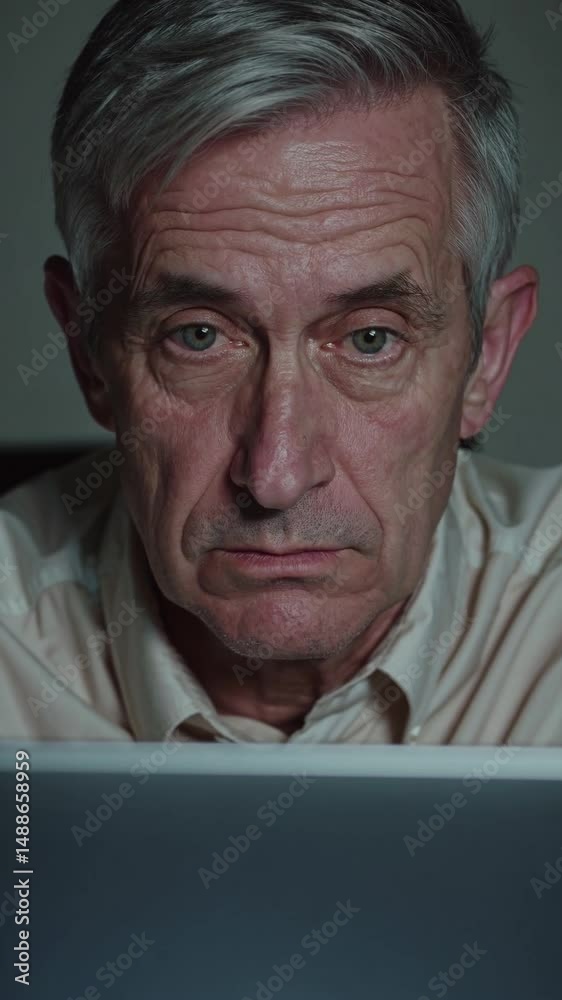 Homme âgé regardant un écran avec tristesse dans une pièce sombre, scène émotive et introspective

