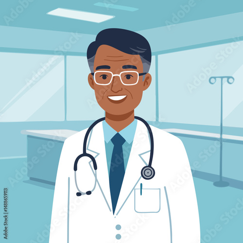 Male doctor with stethoscope in hospital medical office vector illustration smiling 