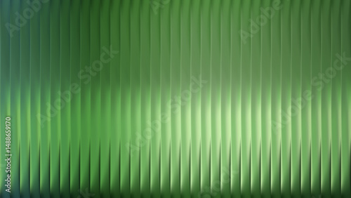 Green ribbed glass background with vertical pattern and abstract wave gradient. Metal reed texture and fluted plastic window. Corrugated frosted plate adds premium industrial decor to stage.