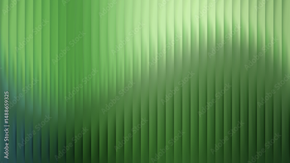 Fluted green glass background with soft vertical stripes. Elegant decorative green glass for interiors or textures.