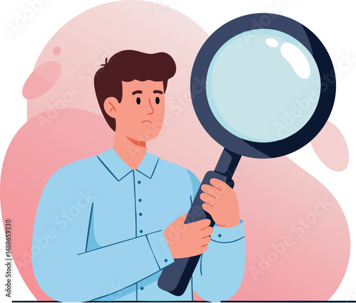 Man Holding Large Magnifying Glass Searching with Serious Expression Vector Illustration 