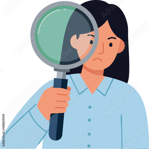 Woman holding magnifying glass inspecting face expression vector illustration 