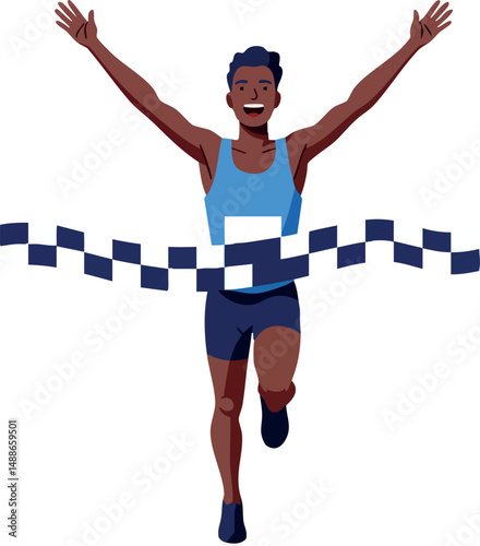 Male athlete running through finish line celebrating victory in race vector illustration 