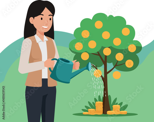 Woman watering money tree symbolizing financial growth and investment vector illustration 