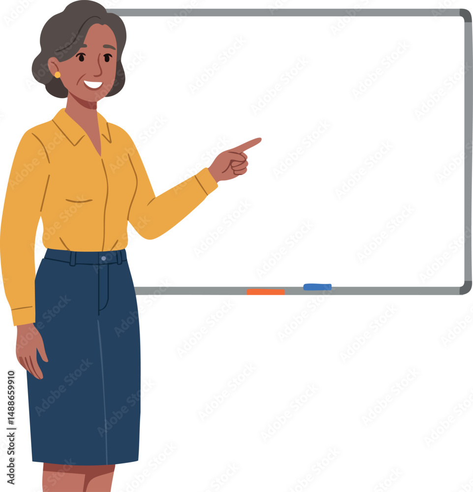 Woman pointing at whiteboard in casual business outfit vector illustration Woman pointing at whiteboard in casual business outfit vector illustration