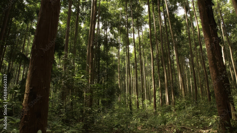 Obraz premium Lush, dense forest interior with towering trees.