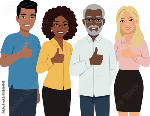Diverse group of people showing thumbs up gesture in casual and professional clothing