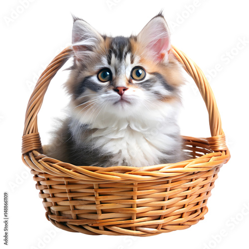 fluffy kitten resting in a wicker basket isolated on transparent background