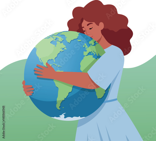 Woman hugging globe earth illustration showing environmental care and global love concept 