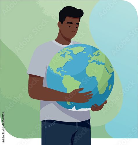 Man Holding Earth Globe Caring for Environment and World Nature Conservation vector illustration 