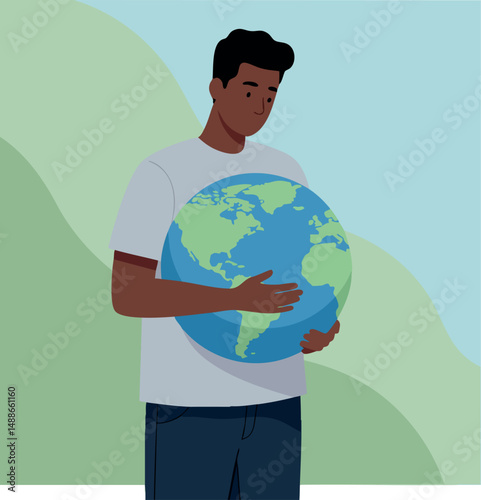 Young man holding globe environmental awareness illustration with green and blue colors vector 