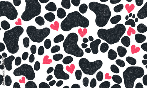 Seamless pattern cute grunge paw toe and heart pattern background for fabric print vector. Seamless pattern dog tracks. Pattern with animal paws, hearts. Vector stylish and cute pattern.
