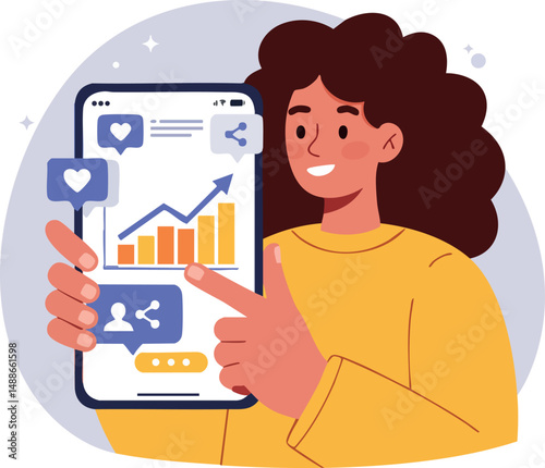 Woman holding smartphone showing social media growth analytics and engagement concept vector illustration 