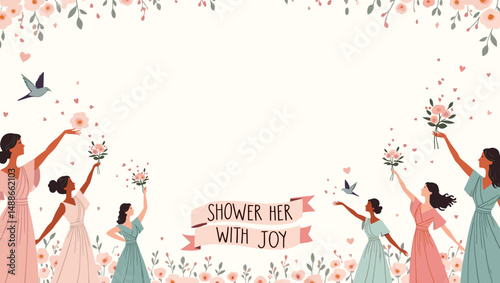Bridal Shower Celebration with Bridesmaids – Elegant Wedding Party Illustration

