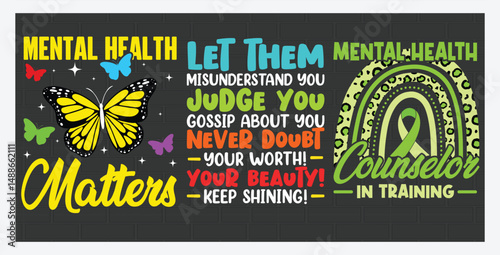 Mental health illustration set. Character with mental disorder fight against stress, depression, emotional burnout and other psychological problems, T Shirt Design Bundle