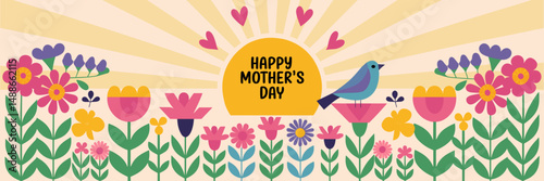 cheerful mother’s day card with yellow sun heart rays colorful flowers and blue bird on light background – ideal for festive greetings and spring designs