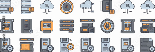 Flat design data storage icon sheet with server, cloud, hard drive, tape backup, and floppy disk – Great for cloud computing, data centers, and backup solutions