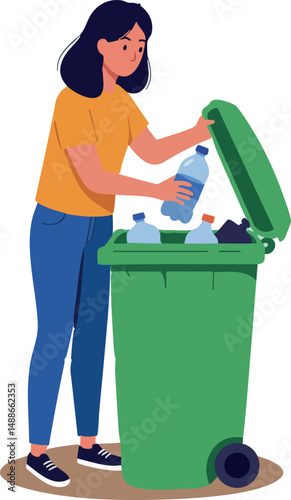 Woman recycling plastic bottles into green trash bin for environmental care and waste management vector illustration 