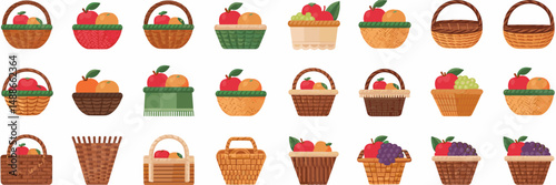 Vector icon sheet of baskets with fruits including apples, oranges, and grapes – Great for food markets, harvest, and natural product promotions