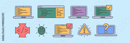 Vector illustration of coding and debugging icon sheet – Great for software development tools, tech education, or IT-related resources
