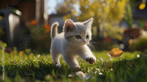 A playful kitten explores a vibrant garden, chasing autumn leaves in a sunlit scene that captures the joy and curiosity of young animals in their natural environment.