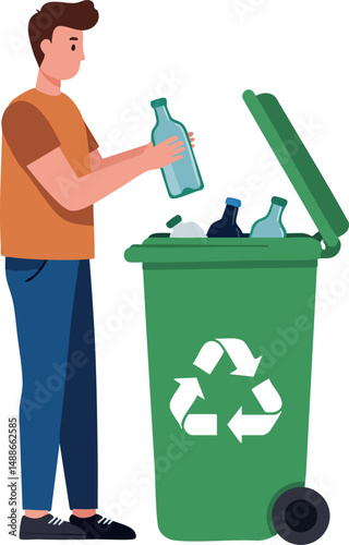 Man Recycling Plastic Bottles in Green Bin for Environmental Care and Waste Management Vector Illustration 