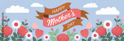 happy mother’s day greeting card with roses daisies tulips and ribbon text on blue sky – great for holiday greetings and floral artwork