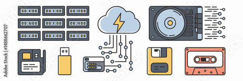 Data storage vector icon sheet with classic and modern devices – Suitable for tech history illustrations, storage branding, or retro computing content