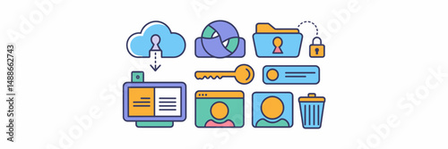 Data storage icon sheet with cloud, hard drive, folder, key, lock, user, and trash can – Ideal for technology apps, UI design, and digital security projects
