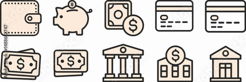 Flat banking icon sheet with wallet, piggy bank, credit card – Useful for financial services content, fintech branding, or investment guides.