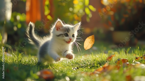 A playful kitten chasing a falling leaf in a sunny garden. The scene captures the essence of joy and curiosity in nature, showcasing the innocence of young animals. photo