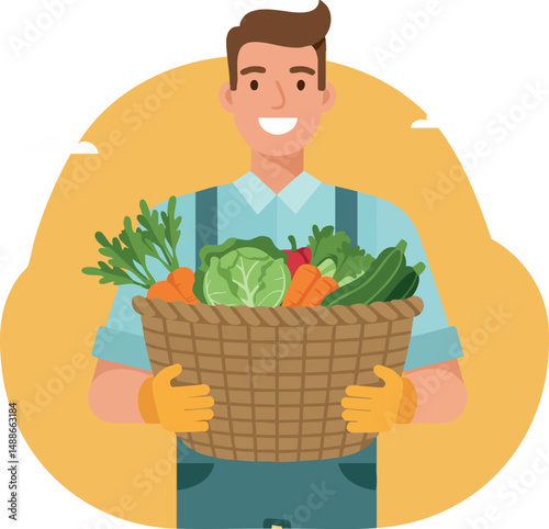 Farmer holding basket of fresh vegetables with green and orange produce vector illustration 