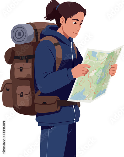 Female hiker with backpack reading map outdoors in casual clothing vector illustration 