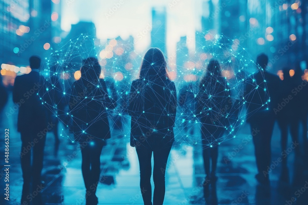 Fototapeta premium People walking in a city street with digital network overlay representing technology and connection at dusk