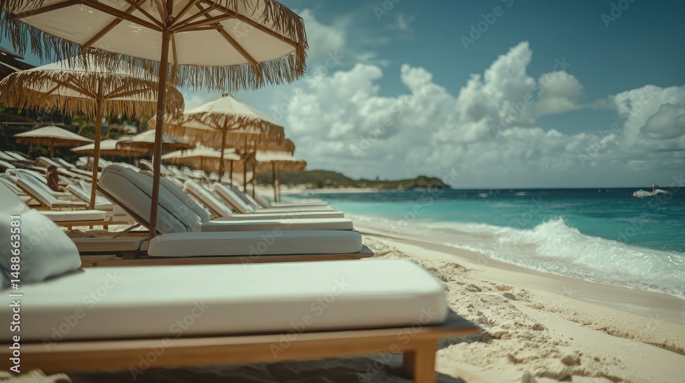 Fototapeta premium Tropical beach paradise with lounge chairs and umbrellas