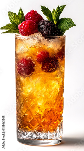Refreshing berry cocktail with mint served on a white background