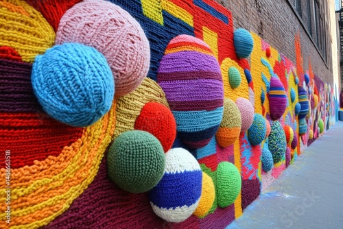 Colorful yarn balls and knitted patterns create an artistic display on a vibrant urban wall, Colorful yarn balls and knitted patterns on wall creating vibrant street art display