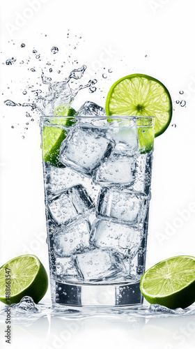 Refreshing sparkling drink with lime slices and ice cubes splashing