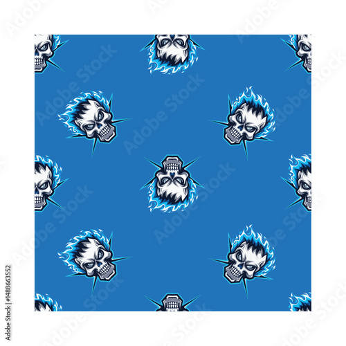 This dynamic pattern features bold skulls with blue flames against a vibrant blue background. Ideal for designs that cater to a daring and adventurous audience, this pattern is perfect for apparel