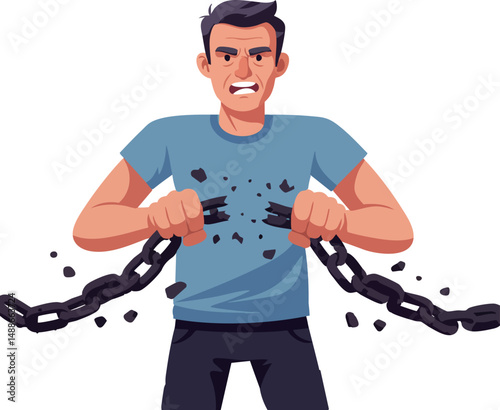 Man breaking heavy chains symbolizing strength and freedom in dynamic vector illustration 