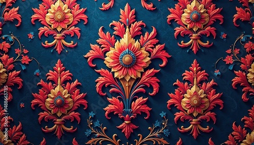 Ornate floral damask pattern in rich jewel tones suitable for interior design projects , regal, seamless