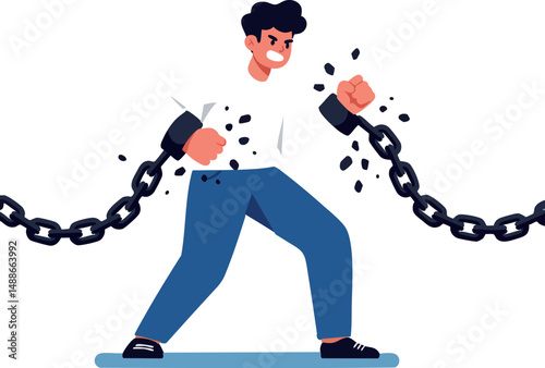 Man breaking free from chains symbolizing liberation and strength in vector illustration 