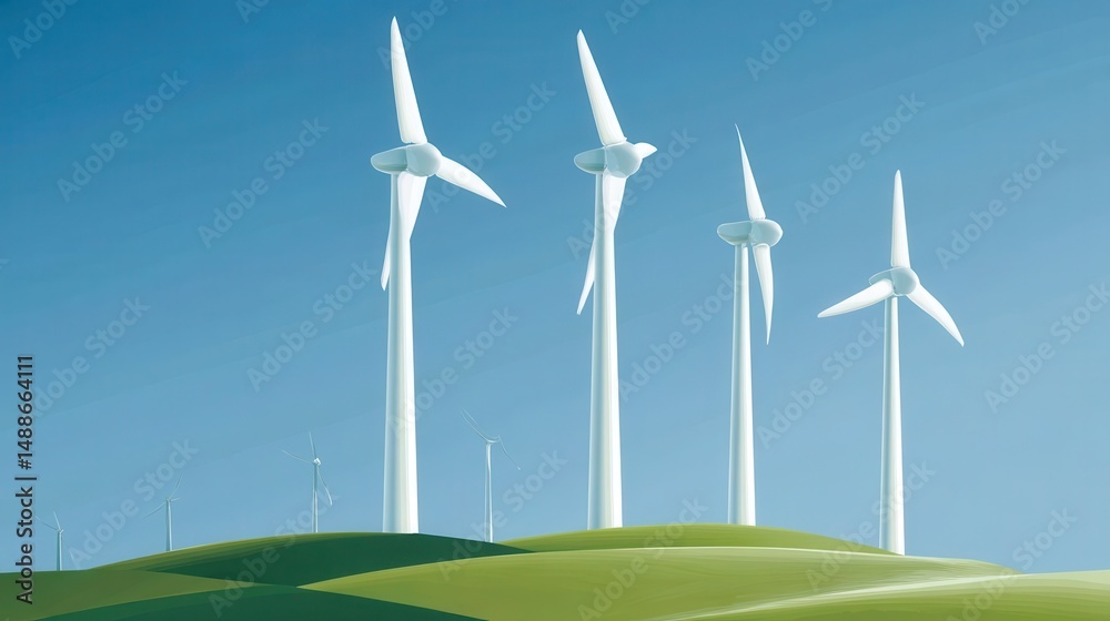 Four wind turbines stand tall on a grassy hilltop under a clear sky. Four wind turbines stand tall on a grassy hilltop under a clear sky.