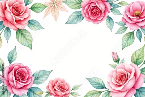 Delicate watercolor roses & leaves, repeating seamlessly , leaves, illustration, pink