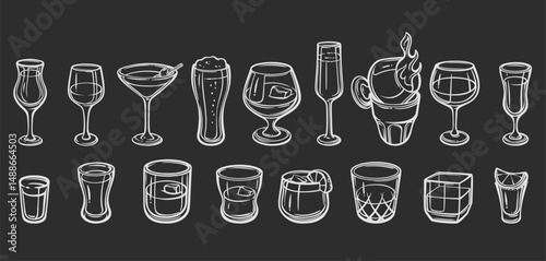 Alcohol Glasses Chalk Outline Collection with wine, whiskey, beer, martini, cocktail, and shot glasses. White hand drawn vector illustration on black for bar menu, pub decor, or chalkboard design.