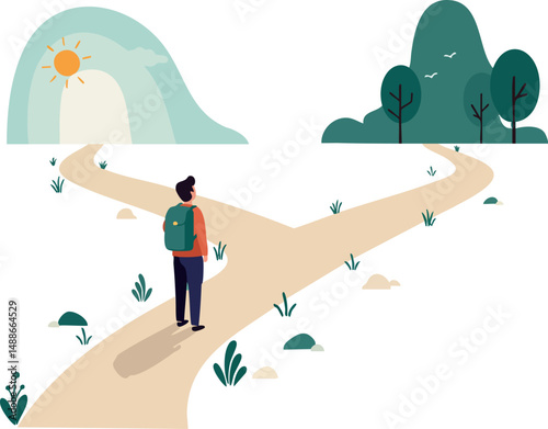 Person standing at fork in road choosing path in nature scene with sun and trees vector illustration 