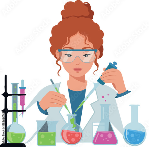 Female Scientist Working with Colorful Chemistry Lab Equipment Vector Illustration 