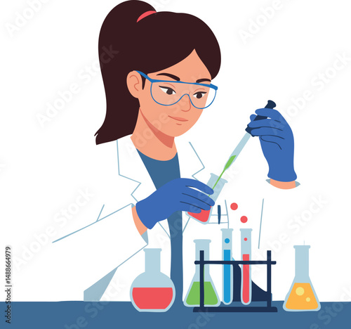 Female scientist working with colorful chemical liquids in laboratory setting vector illustration 
