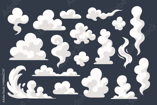 Dynamic smoke vector collection with swirling clouds, vapor trails, and explosion puffs, vector illustration