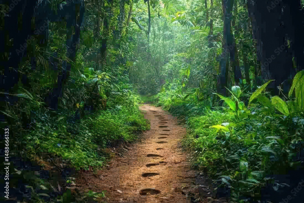 Footprints on a dirt path in a tropical forest surrounded by lush greenery, Footprints on dirt path in tropical forest surrounded by lush greenery and tall trees Footprints on a dirt path in a tropical forest surrounded by lush greenery, Footprints on dirt path in tropical forest surrounded by lush greenery and tall trees